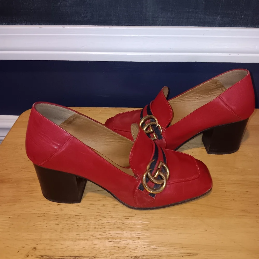 Gucci GG Leather Web Marmont Heels Size 35 1/2 - Picture 2 of 6